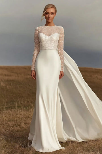 Ivory Sheath Satin Round Neck Long Sleeve Wedding Dress with Streamer